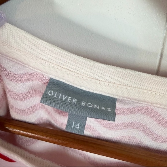 Oliver Bonas Red & White Wavy  Striped Oversized T-Shirt Dress Size 14 Staple - Picture 5 of 9